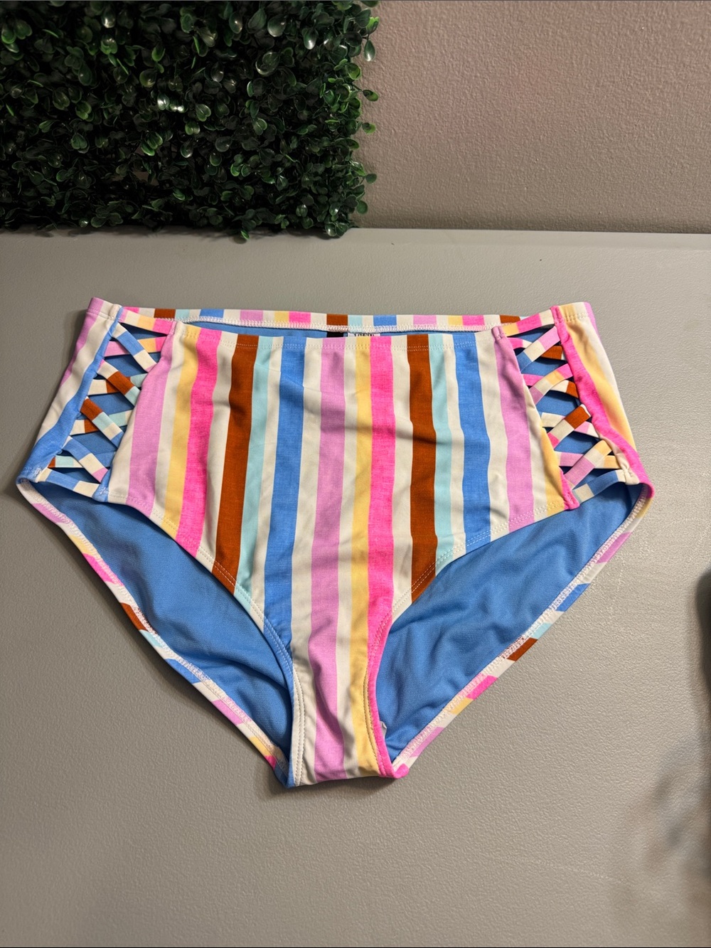 California Waves Multicolor Striped High-Waist Swim Bottoms new no tangs